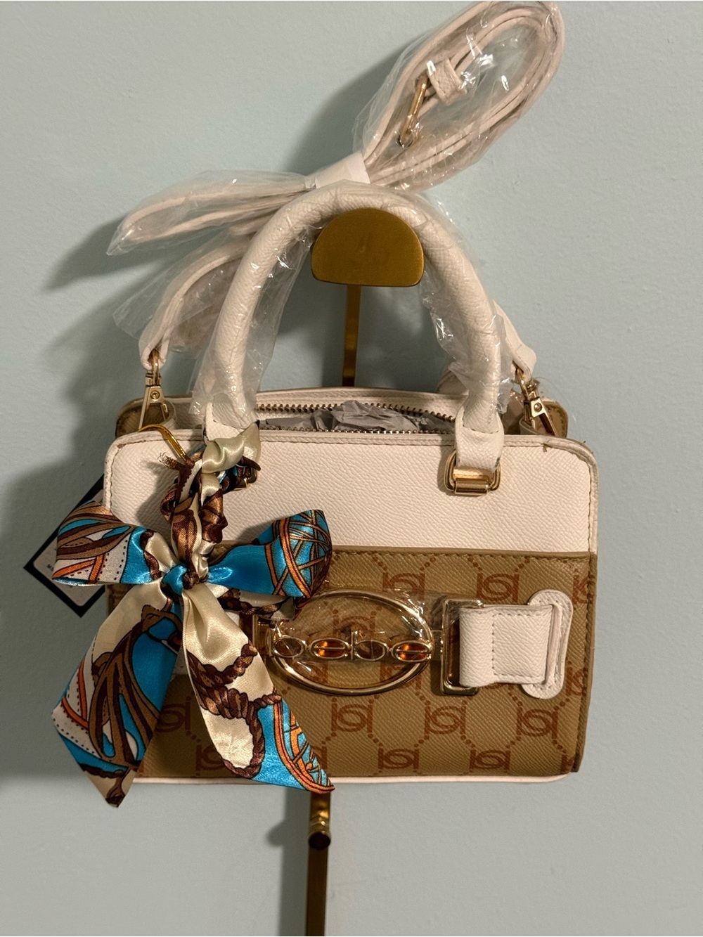 Bebe Mini White and Tan Women's Satchel Bag with included crossbody strap! NWT